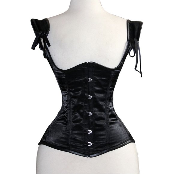 Black Satin Steel Boned Underbust Corset with Busk Front main image 1